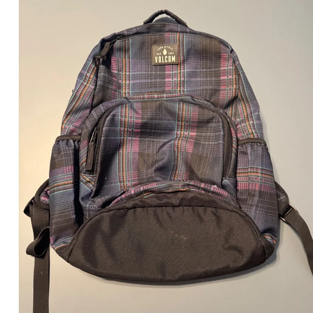 Volcom Plaid Backpack Purple Blue Pink Skate School Bag with Laptop Sleeve Y2K